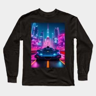 Dark Neon Sports Car in Asian Neon City Long Sleeve T-Shirt